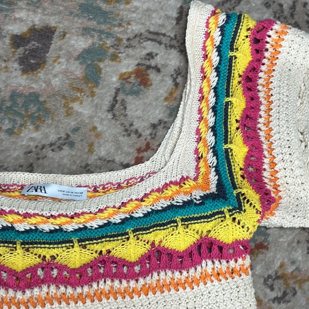 Zara Multi Color Cream Crotched Cropped‎ Cap Sleeve Top - medium - Picture 8 of 17